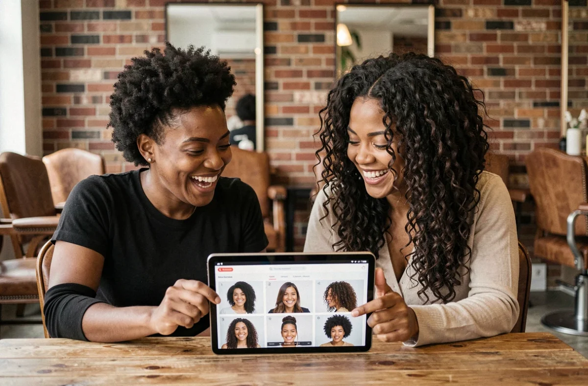 Deux femmes aux cheveux frisés comparant des coupes courtes et longues dans un salon de coiffure