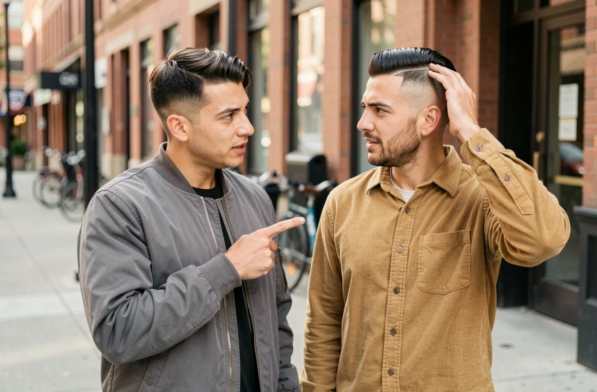 Deux hommes dans la rue comparant leurs coupes taper avec des niveaux de fondu différents lors d'une conversation naturelle