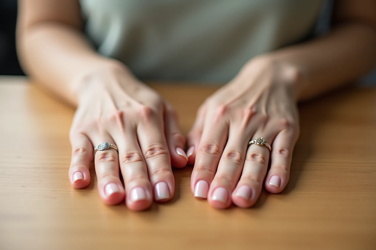 Comparaison entre ongles courts en gel et capsules fines nude sur table en bois clair