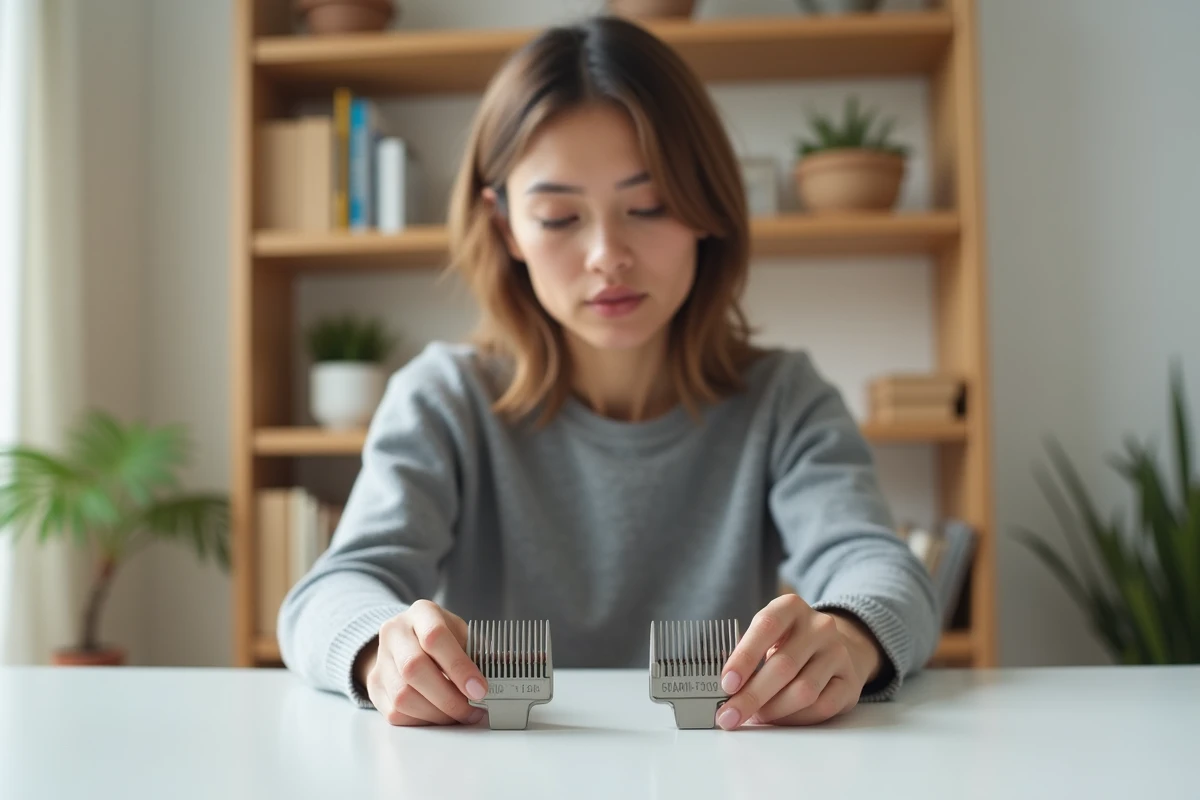 Femme comparant deux lames de rechange OneBlade 360 sur un bureau pour éviter les erreurs de compatibilité