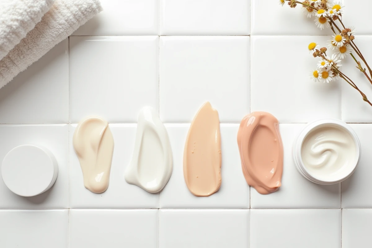Comparaison de textures de produits cosmétiques pour peaux sensibles et rosacée en vue du dessus