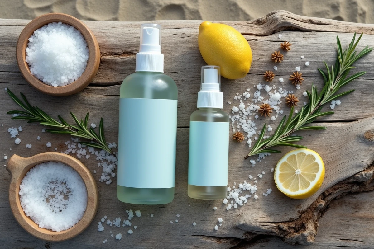 Comparatif flat lay entre un spray au sel marin prêt à l'emploi et une version maison sur bois flotté avec ingrédients naturels