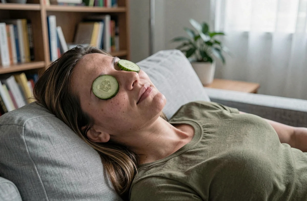 Femme allongée avec des rondelles de concombre sur les yeux pour apaiser et réduire les poches sous les yeux naturellement