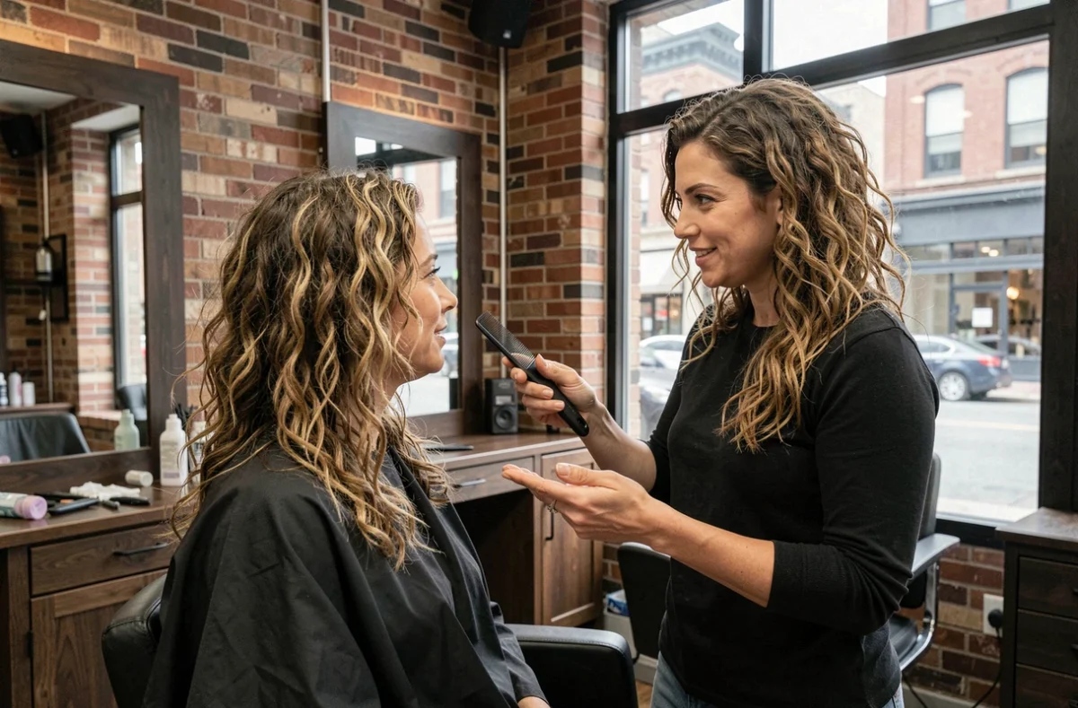 Femme aux cheveux ondulés et bouclés en consultation avec son coiffeur pour un dégradé espagnol