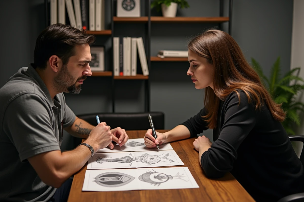 Consultation entre tatoueur et cliente autour de dessins de tatouage pour éviter les erreurs de conception