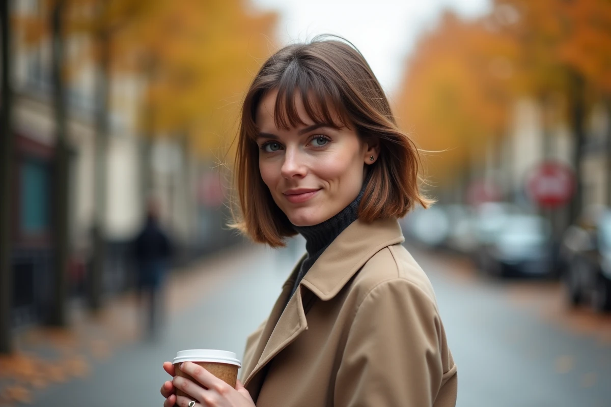 Femme avec une coupe carré floue et dégradé entretenu posant dans une rue parisienne en automne