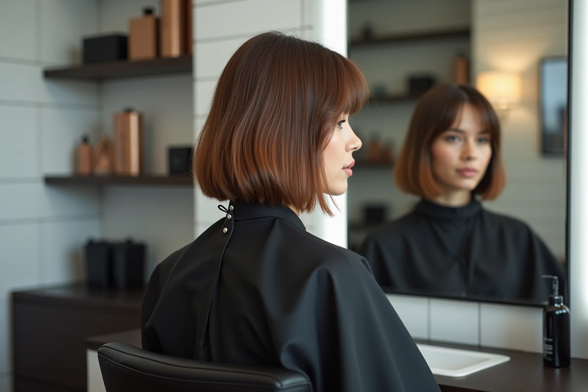 Femme avec une coupe carré flou et dégradé parfaitement entretenu dans un salon de coiffure moderne