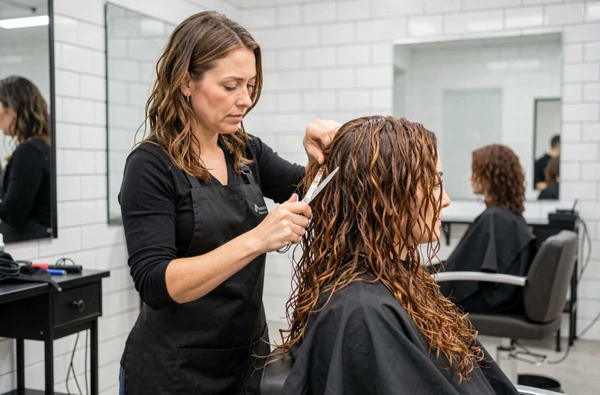 Coiffeuse en train de couper des cheveux longs bouclés et épais en salon pour supprimer l'effet triangle et alléger le volume