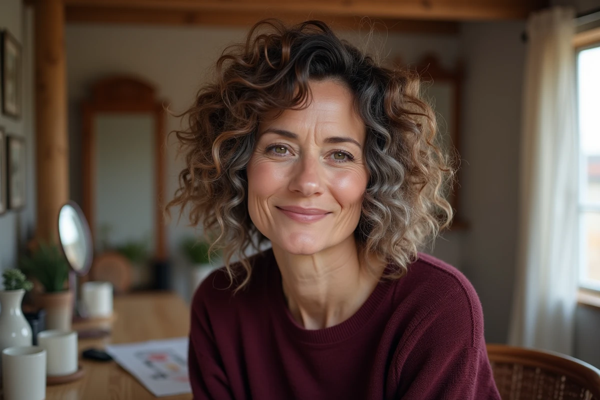 Femme mature avec coupe shaggy bouclée châtain et gris, coiffure en couches à la maison