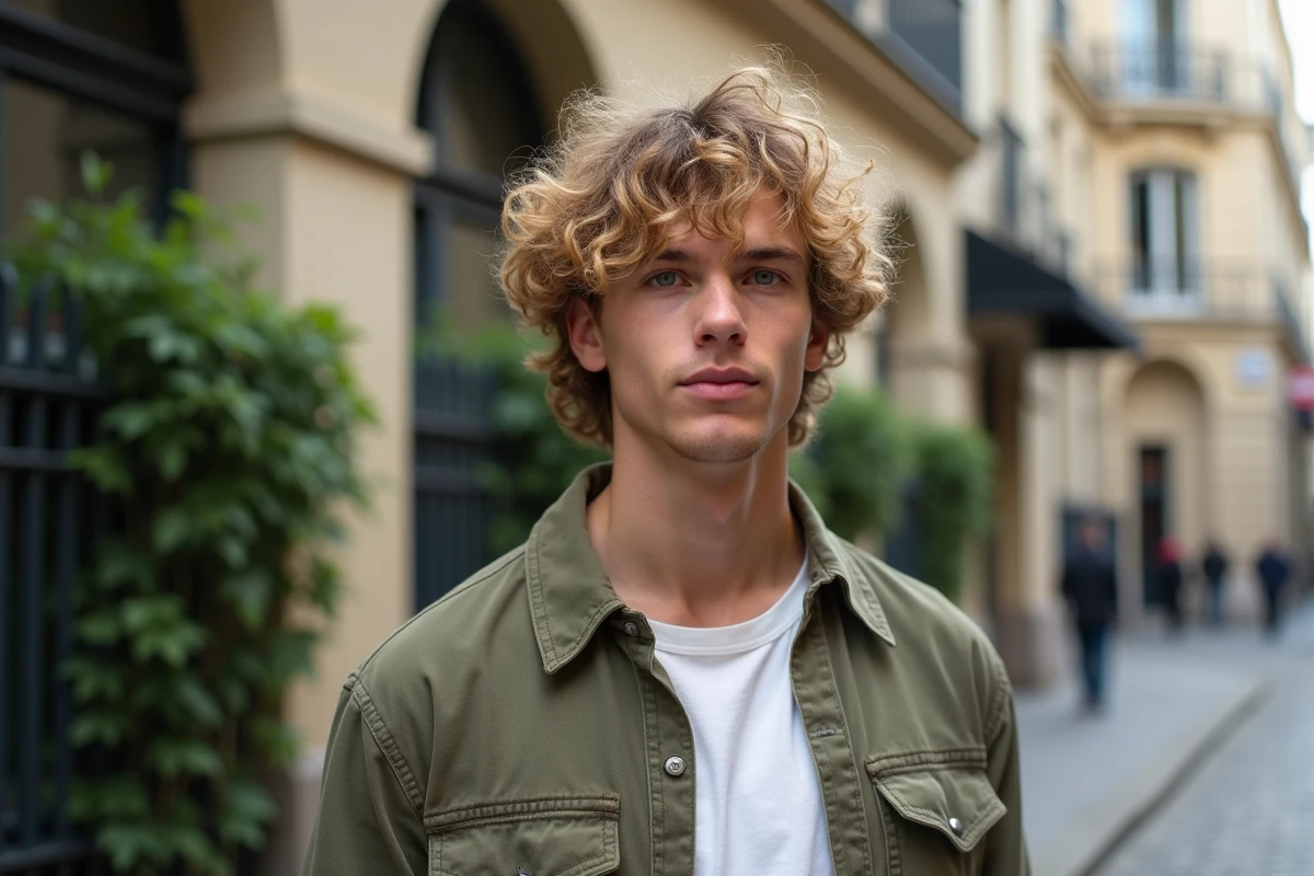 Homme aux boucles shaggy blondes en rue parisienne, coupe en couches volumineuse
