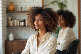 Femme aux cheveux bouclés coupés en shaggy dans un salon de coiffure moderne, vue en miroir