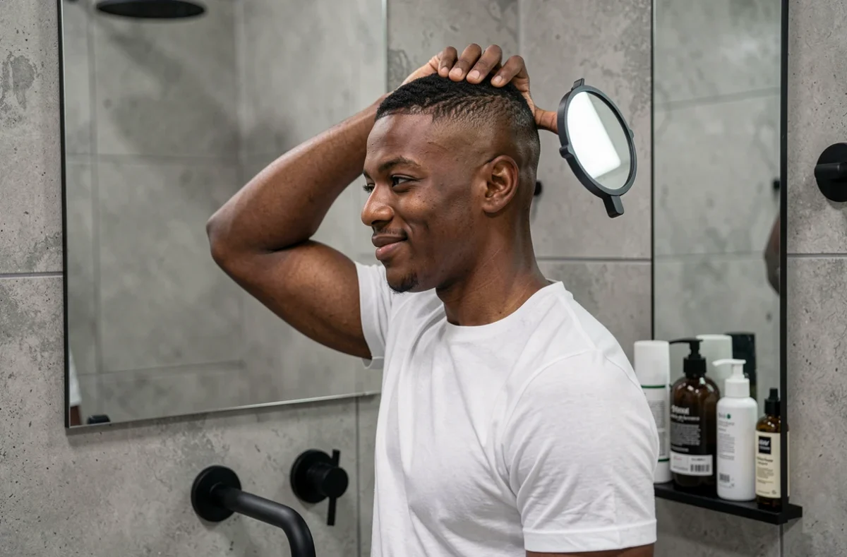 Jeune homme avec une coupe taper basse se regardant dans un miroir de salle de bain moderne après sa coupe de cheveux
