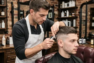 Coiffeur professionnel réalisant une coupe taper sur un client dans un salon de barbier vintage avec chaise en cuir bordeaux