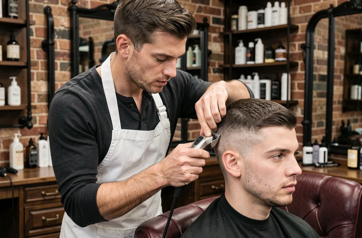 Coiffeur professionnel réalisant une coupe taper sur un client dans un salon de barbier vintage avec chaise en cuir bordeaux