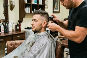 Homme recevant une coupe taper haute dans un salon de barbier classique avec un barbier professionnel utilisant une tondeuse