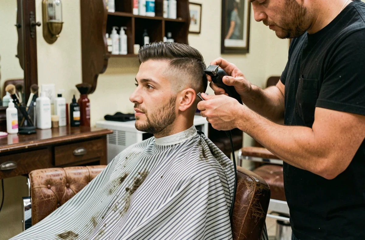 Homme recevant une coupe taper haute dans un salon de barbier classique avec un barbier professionnel utilisant une tondeuse