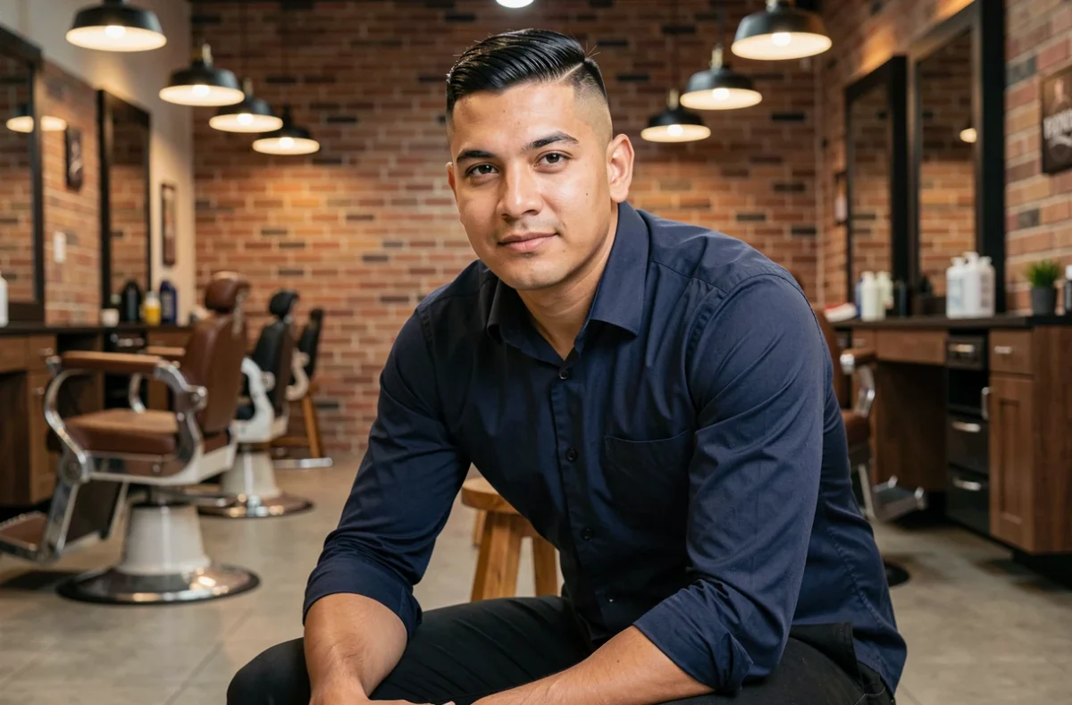 Homme latino avec une coupe taper moyenne assis sur un tabouret dans un salon de barbier moderne et élégant