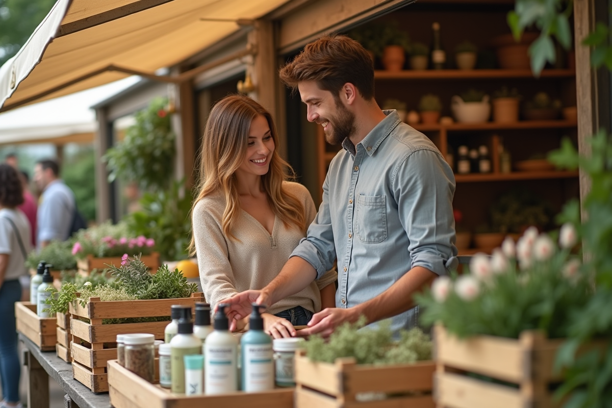Couple écoconscient dans un marché bio en plein air