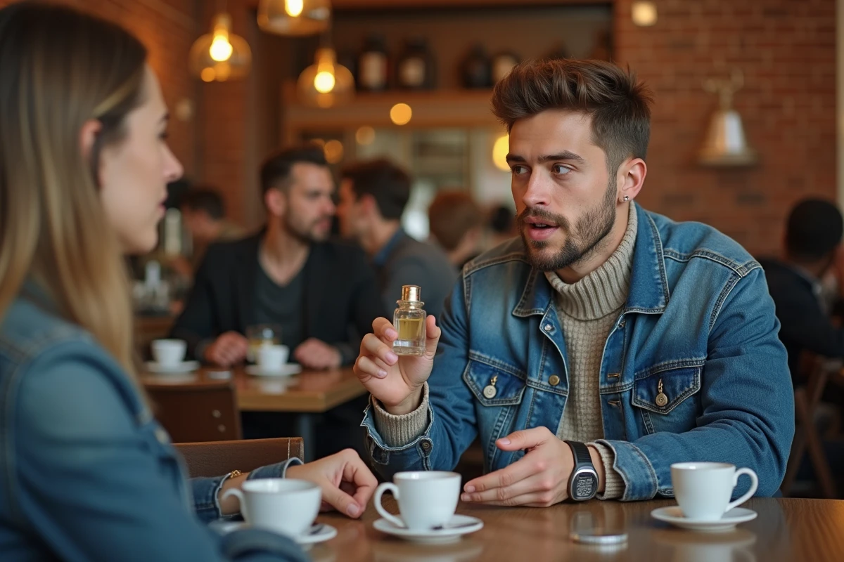 Jeune homme discutant de parfums dans un café convivial