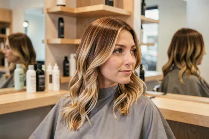 Femme aux cheveux mi-longs avec un dégradé balayage châtain miel dans un salon de coiffure moderne