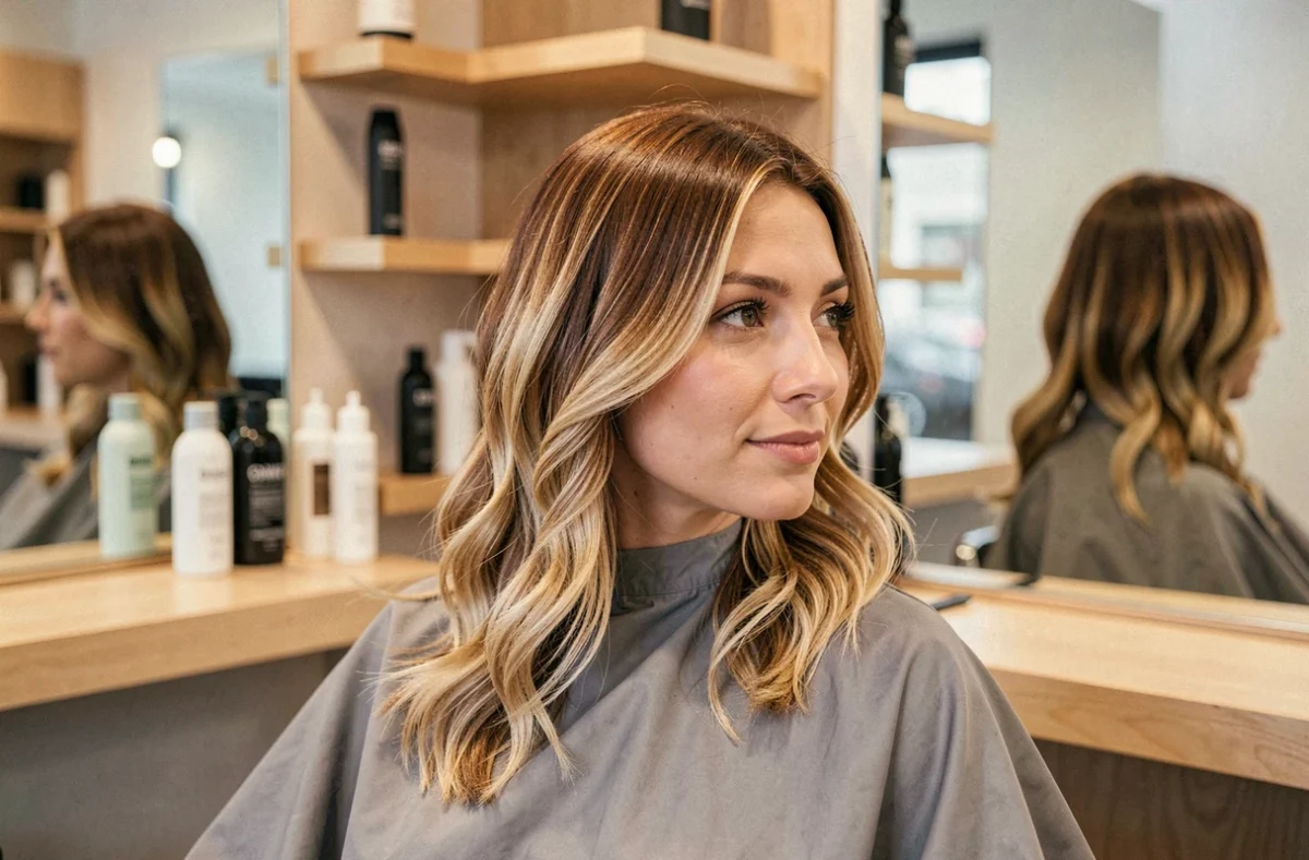 Femme aux cheveux mi-longs avec un dégradé balayage châtain miel dans un salon de coiffure moderne