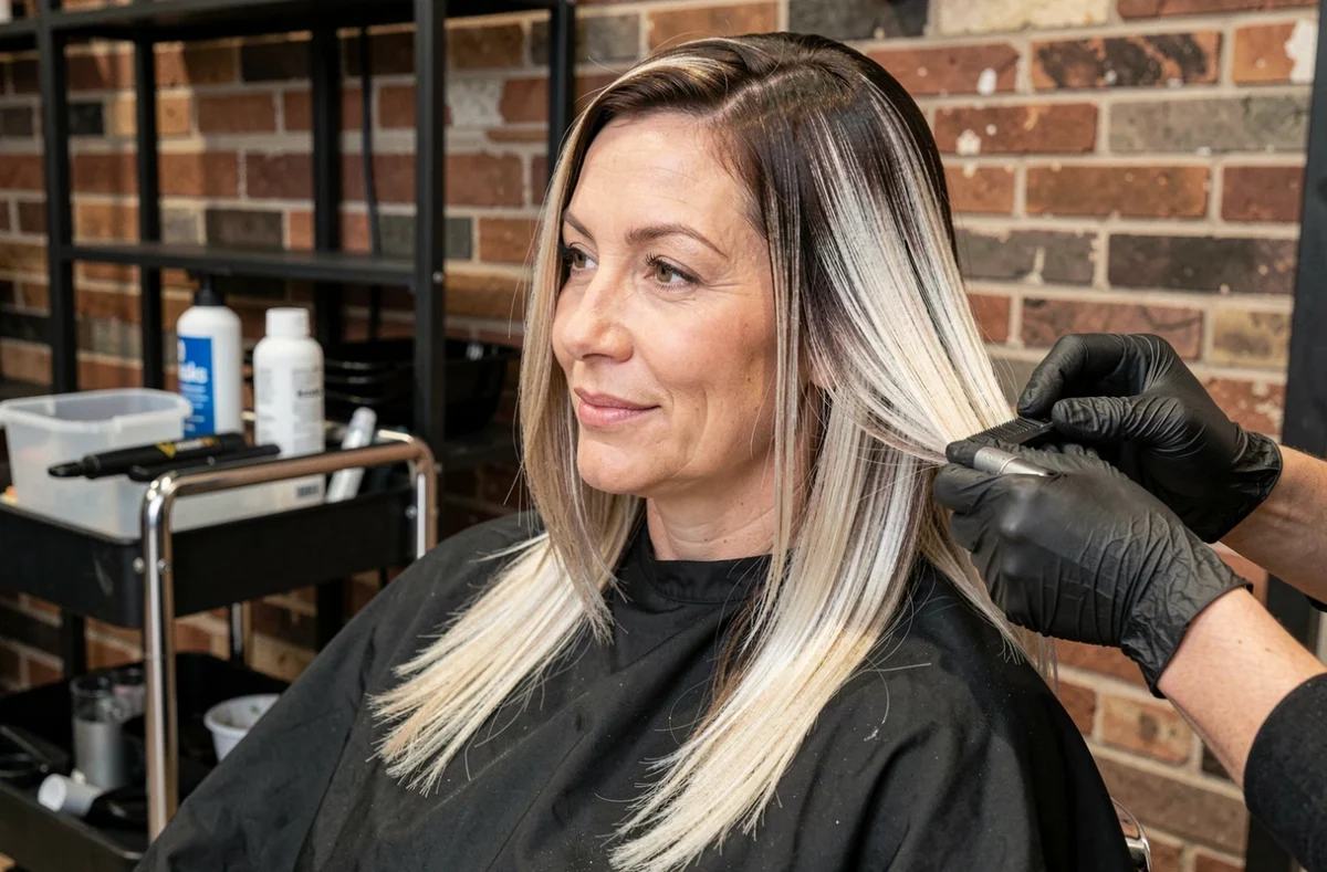 Séance de coloration dégradé en cours chez la coiffeuse pour cheveux mi-longs, technique de balayage avec feuilles d'aluminium