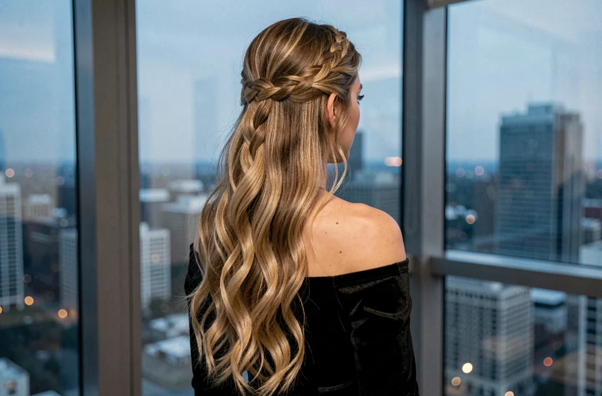 Femme aux cheveux longs fins avec demi-queue romantique tressée et ondulations, devant une fenêtre avec vue sur la ville en soirée