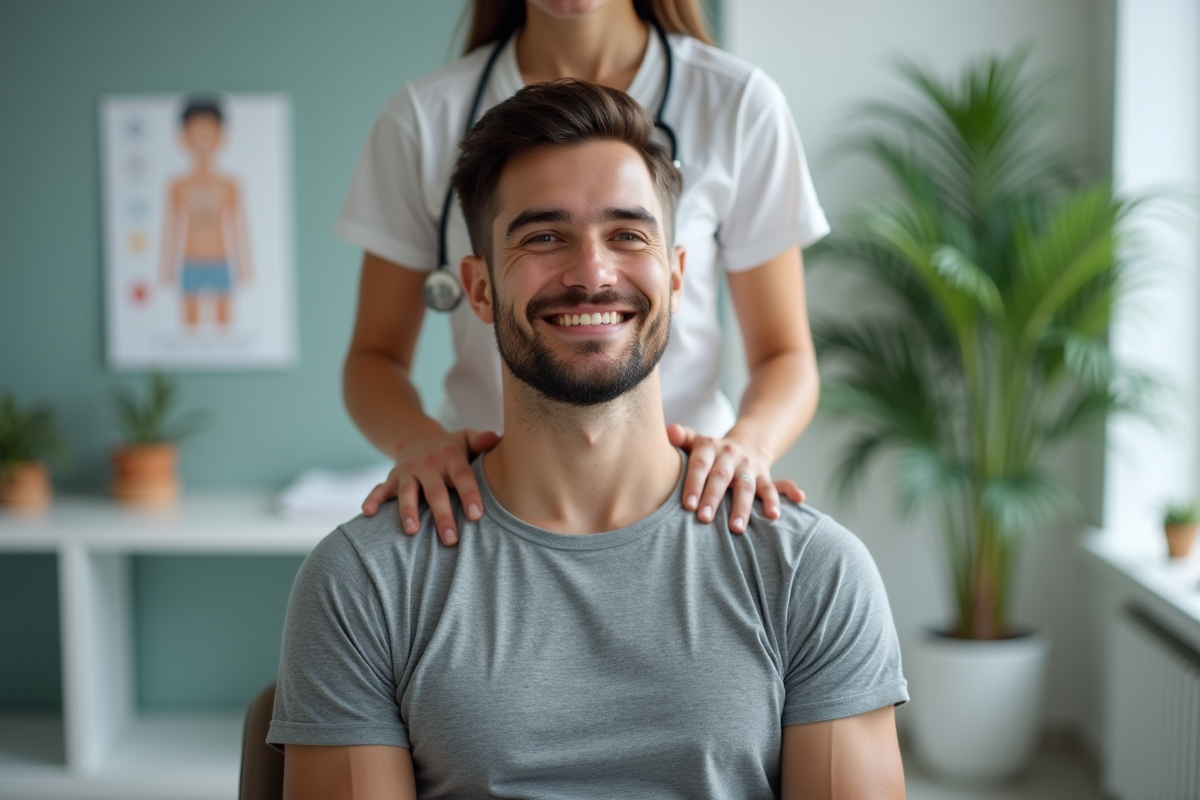 Jeune homme recevant une technique de massage en clinique