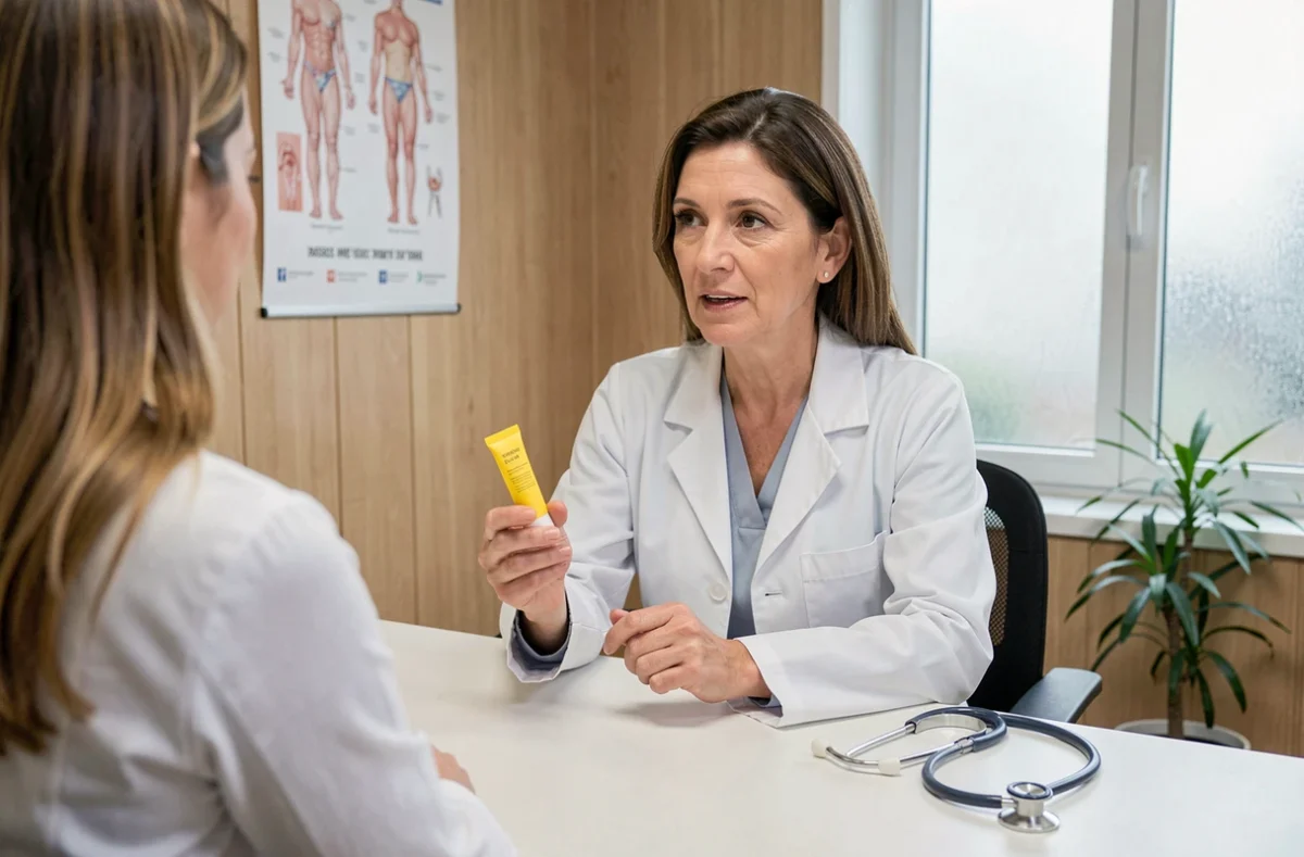 Dermatologue conseillant une patiente sur l'utilisation du soufre jaune pour peau sensible en cabinet médical