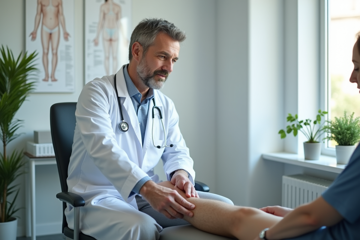 Dermatologue pointant le mollet lors d