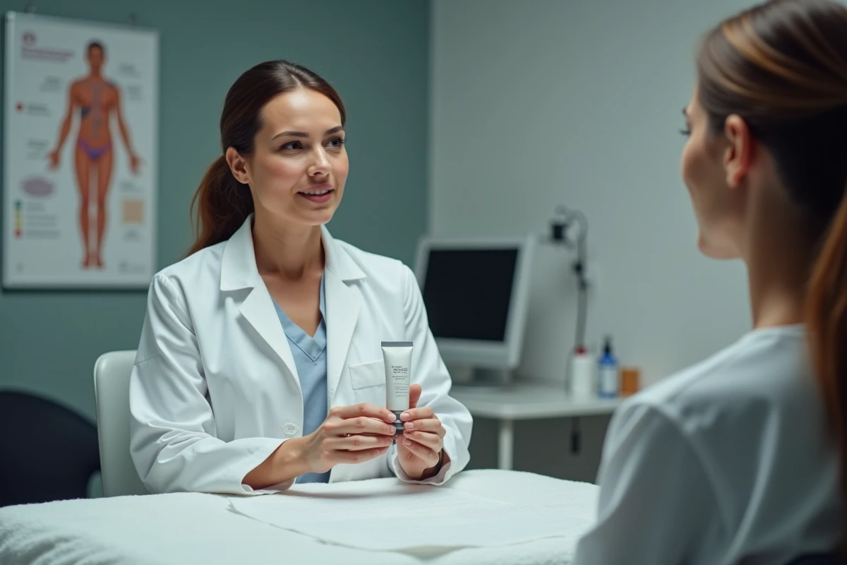 Dermatologue présentant un produit de soin pour rosacée lors d'une consultation médicale en cabinet