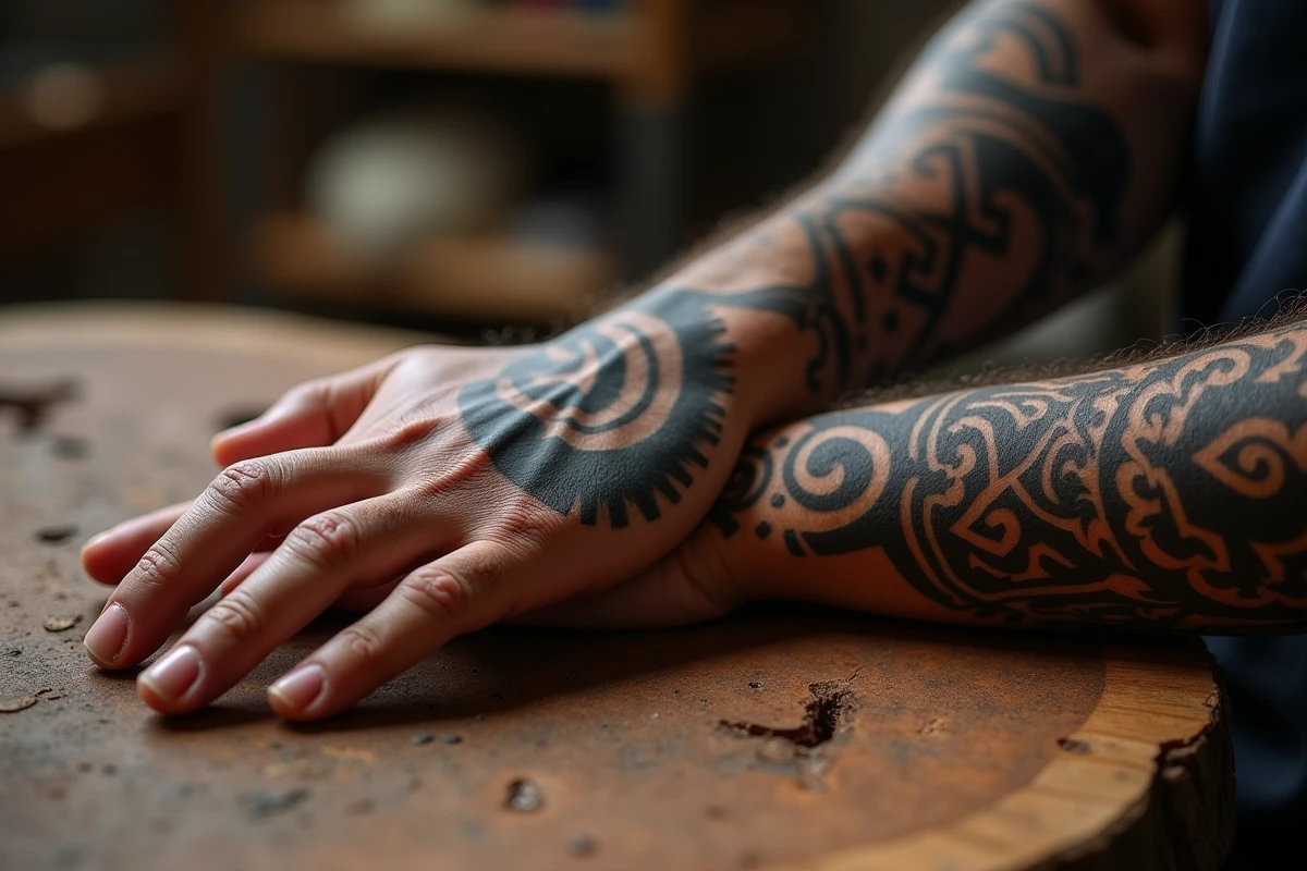 Gros plan détaillé de tatouages maori traditionnels koru et pakati sur l'avant-bras et la main d'un homme, posés sur du bois ancien en atelier