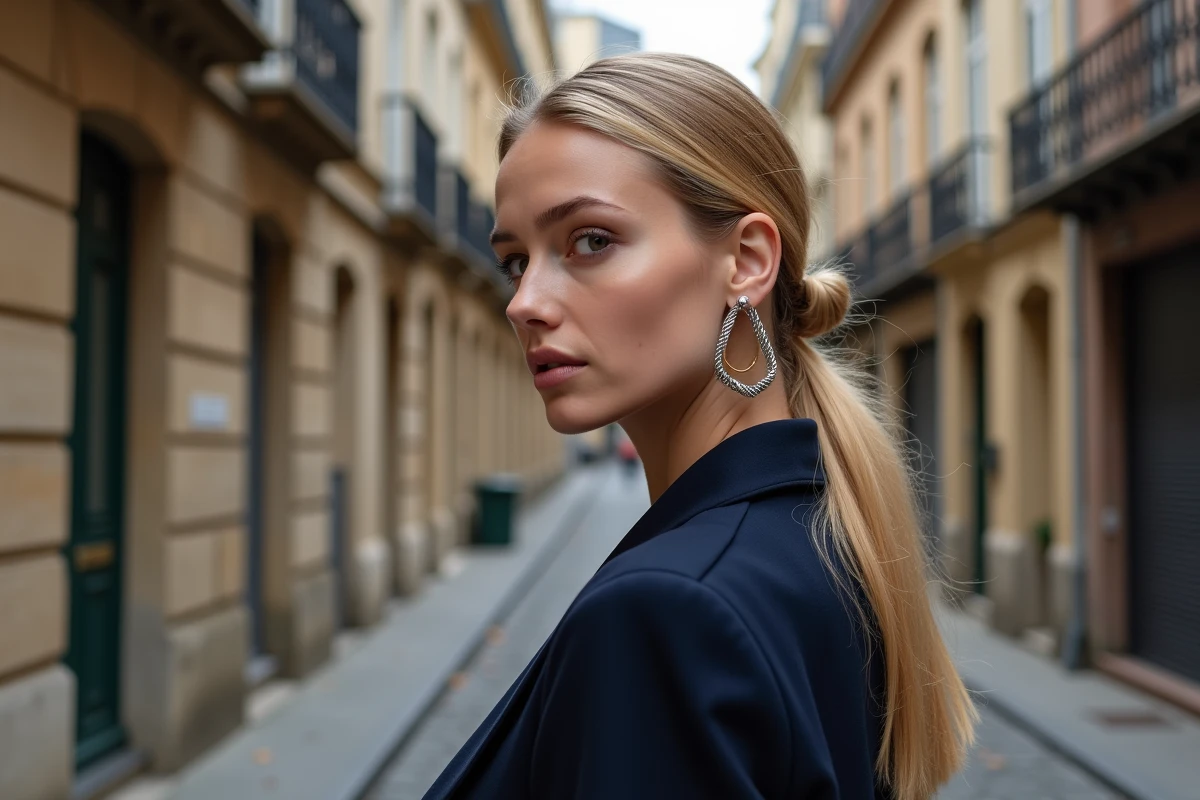 Ear cuff argenté sculpté et anneau doré sur le haut de l'oreille portés dans une rue parisienne