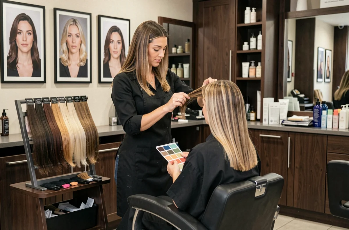 Coiffeuse polyvalente présentant des extensions et des techniques de balayage au salon Élégance de l'Eure