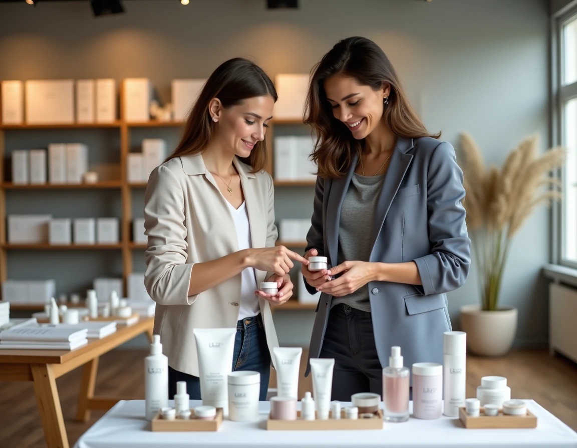 Deux employées L'Oréal examinant des produits de soin et maquillage lors d'une vente au personnel