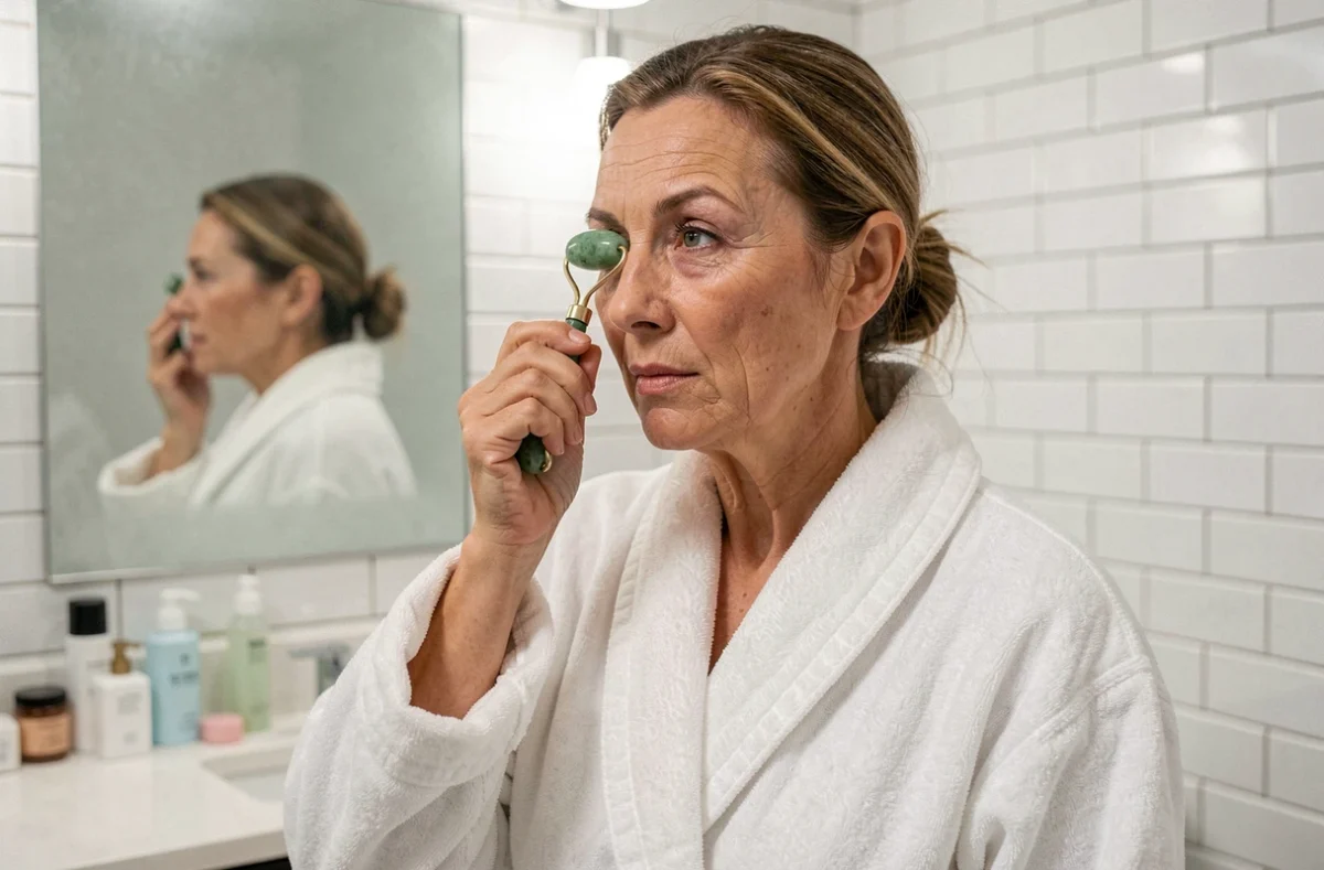 Femme appliquant un rouleau jade froid sous les yeux pour réduire les poches le matin dans une salle de bain moderne