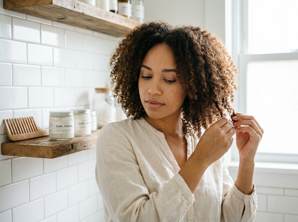 Jeune femme aux cheveux bouclés naturels appliquant de la crème coiffante dans une salle de bain moderne, routine d'entretien des boucles