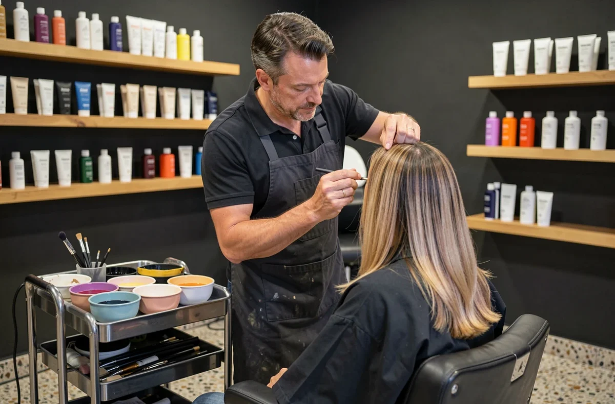 Coloriste expert Eric Stipa appliquant un balayage sur une cliente à Évreux