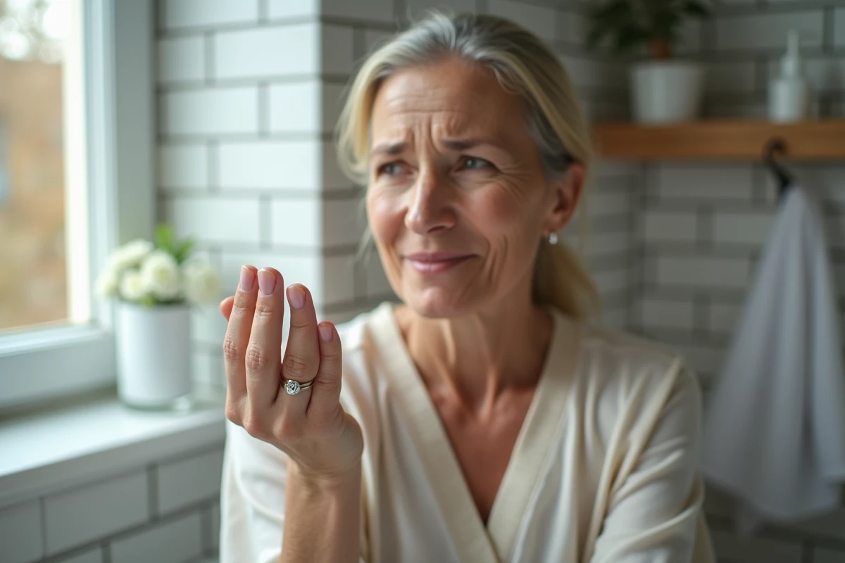 Femme examinant ses ongles décollés à la maison pour identifier les signes de pinçage et de fragilité