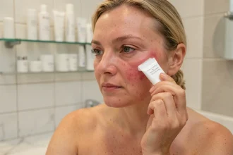 Femme appliquant la crème Cien sur sa peau sensible devant un miroir de salle de bain