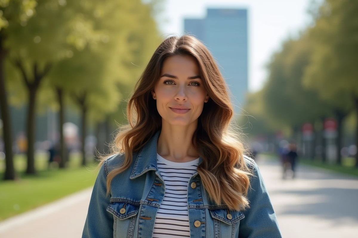 Femme avec balayage miel en extérieur dans un parc urbain