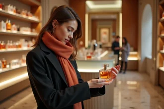 Femme élégante testant un parfum dans une boutique chic