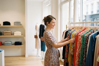 Femme souriante feuilletant des robes dans une boutique parisienne lumineuse, illustrant la tendance des robes dans la mode féminine