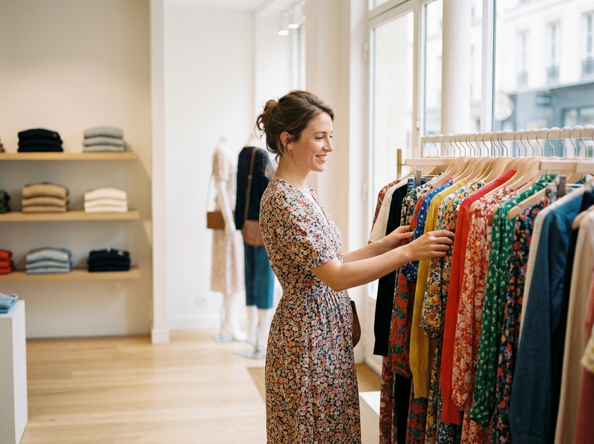 Femme souriante feuilletant des robes dans une boutique parisienne lumineuse, illustrant la tendance des robes dans la mode féminine