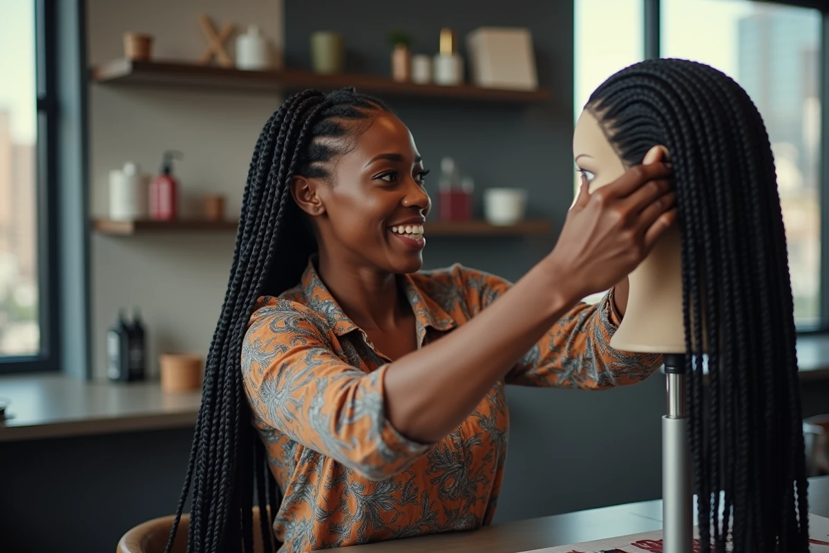 Femme noire souriante pose une perruque à braids sur un mannequin