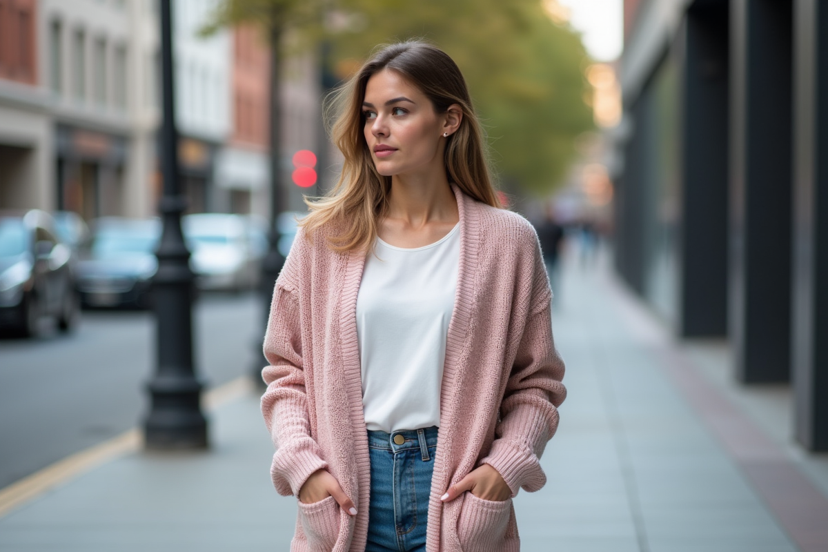 Femme élégante portant un cardigan pastel en ville