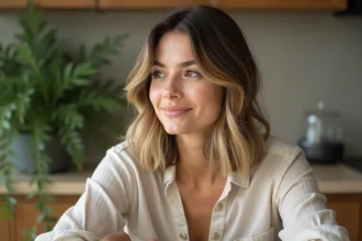 Femme aux cheveux balayage et visage lumineux