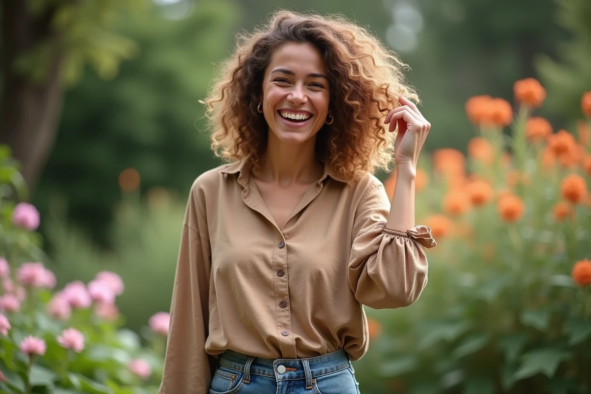 Femme aux cheveux bouclés dans un jardin botanique