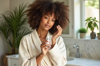 Femme aux cheveux bouclés naturels appliquant un protecteur thermique clean dans une salle de bain lumineuse