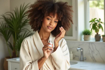 Femme aux cheveux bouclés naturels appliquant un protecteur thermique clean dans une salle de bain lumineuse
